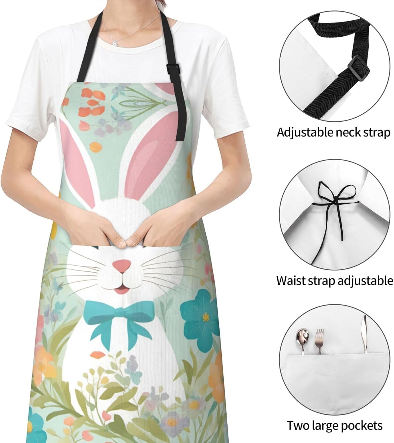 Easter Bunny Floral Print 28 x 33in Waterproof Apron with Pockets Fashionable Versatile Smock for Baking