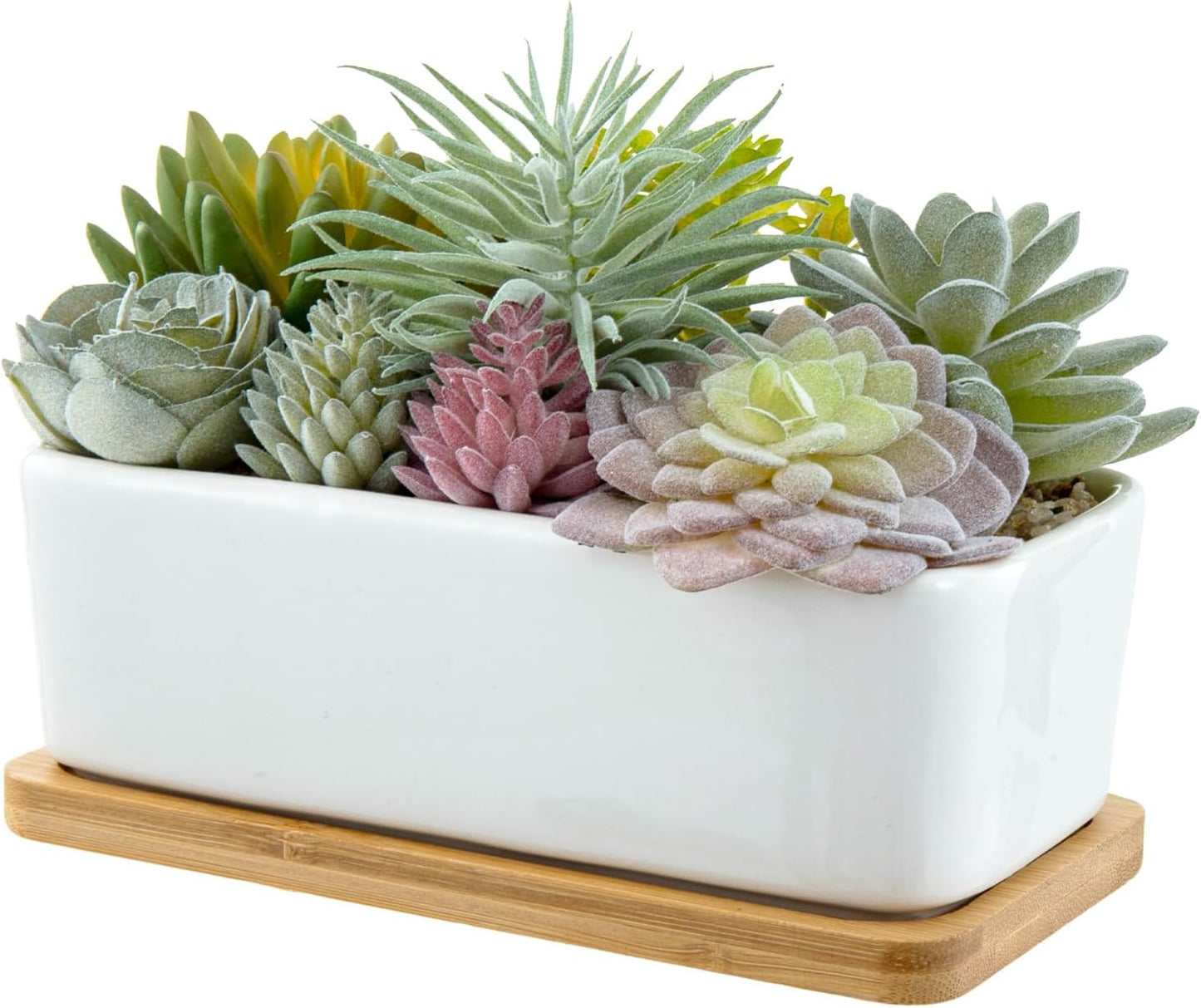MyGift Assorted Artificial Succulent Plant Arrangement Potted in White Ceramic Planter Pot with Removable Bamboo Tray