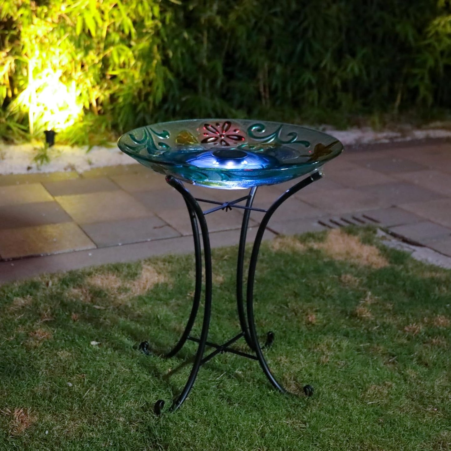 MUMTOP Glass Bird Bath, Large Bird Baths for Outdoors, Solar Birdfeeder with Metal Stand for Garden, Yard, Lawn Decor sea Turtle Pattern(Blue, 21.5"X18")