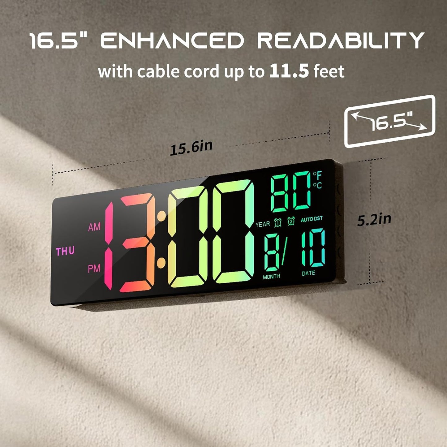 16.5" Large Digital Wall Clock with BT Sync, RGB Lights with 11 Scenes