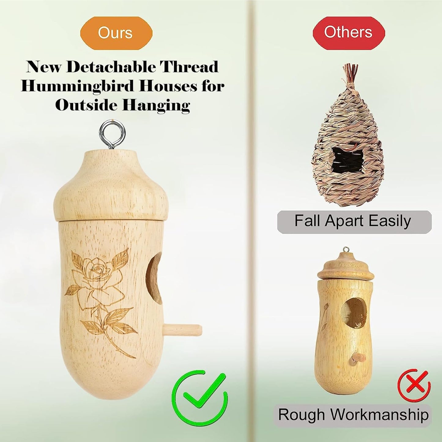 Thread Detachable Hummingbird Houses，Natural Wooden Hummingbird Houses for Outside Hanging，Premium Bird Houses for Garden Window Outdoor Home,3 Packs，A