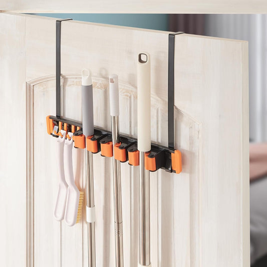 Unjumbly Broom Holder Wall Mount, Drilling Free Mop and Broom Holder with 2 Over Door Hooks, Tool Organizer for Laundry Room, Garage, Kitchen, Closet, Bathroom, Pantry - Orange