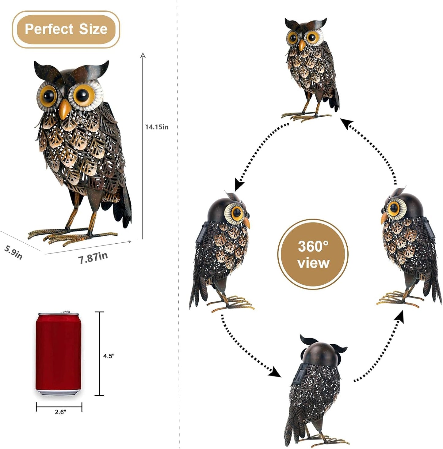 Shorayn Garden Statue Metal Owl Yard Art Outdoor Decor with Solar LED Lights for Patio Lawn Decoration Great Gifts