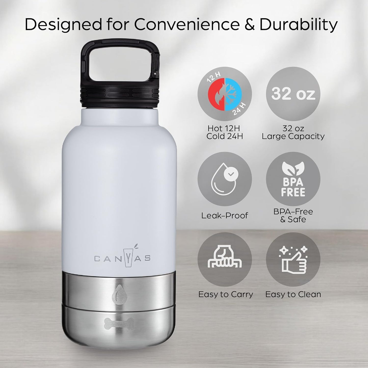 Insulated 32oz Stainless Steel Dog Water Bottle with Food & Water Bowl