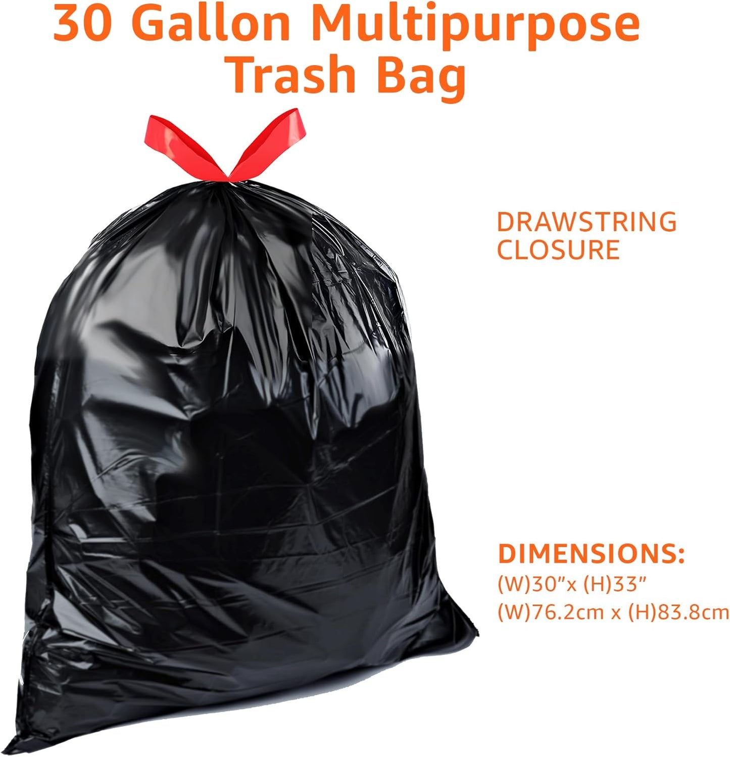 Amazon Basics 30 Gallon Multipurpose Drawstring Trash Bags, 20% Post Consumer Recycled, Black with Red Drawstring, 50 Count