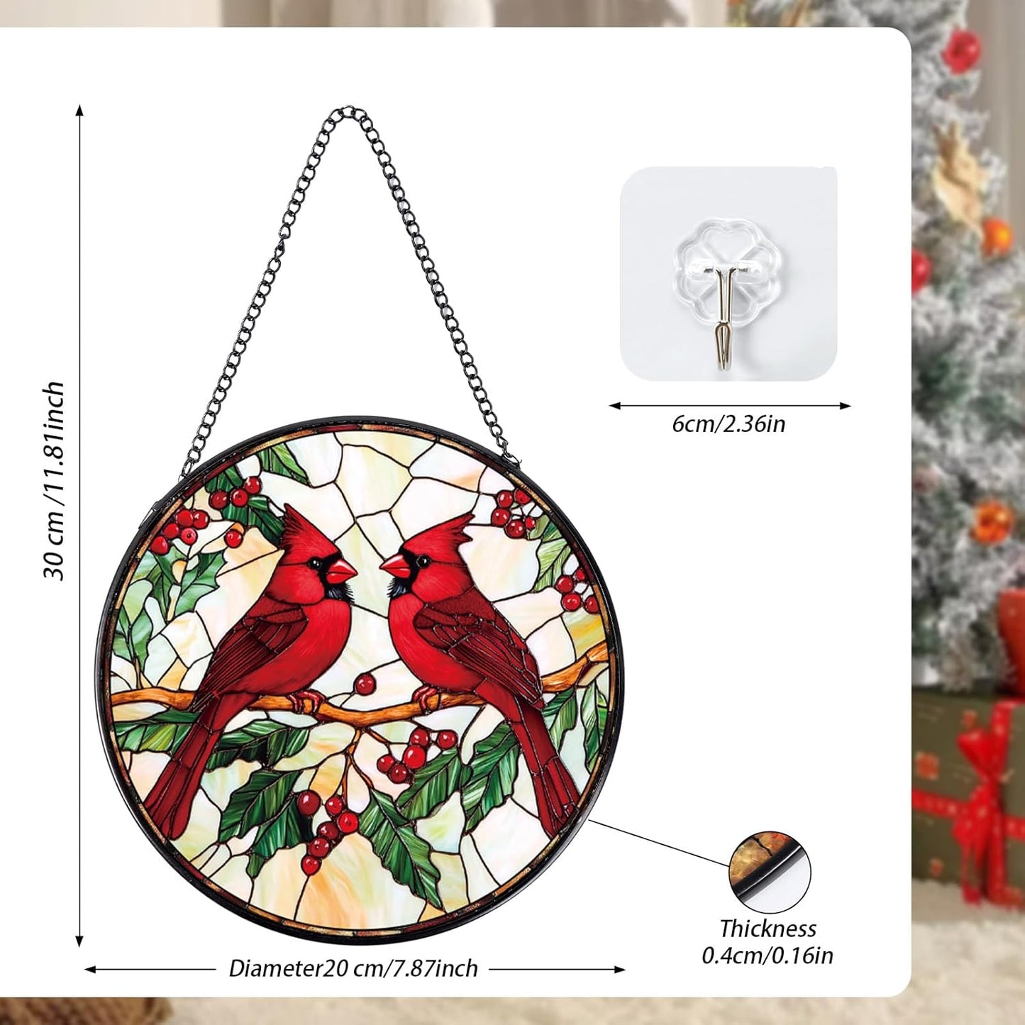 Cardinal Stained Glass Window Hanging, Cardinal Sun Catchers Indoor Window Gifts for Women Mother's Day, Wall Art SunCatchers Decor Gift for Home Garden Doors Christmas