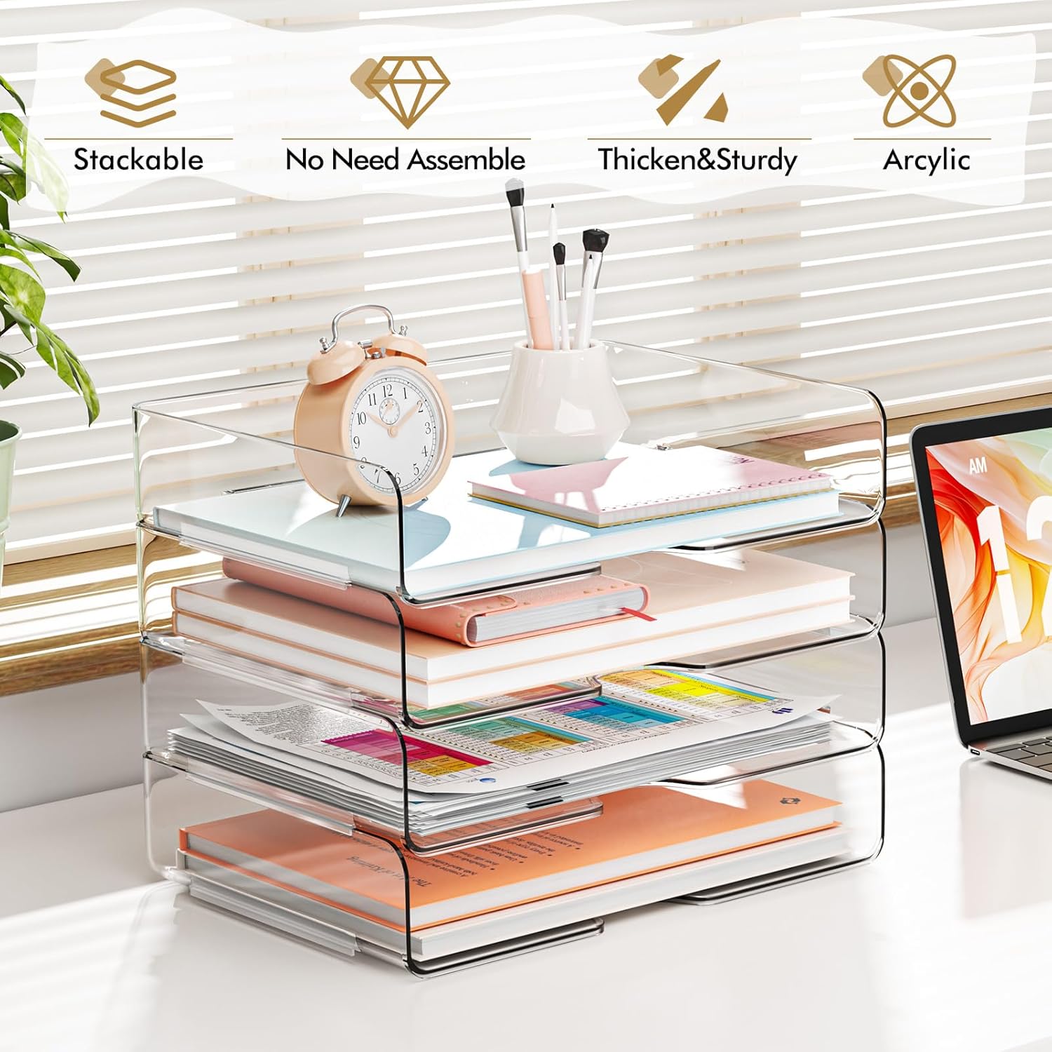 YKLSLH 4 Trays Paper Organizer Letter Tray - Acrylic Desk File Organiz