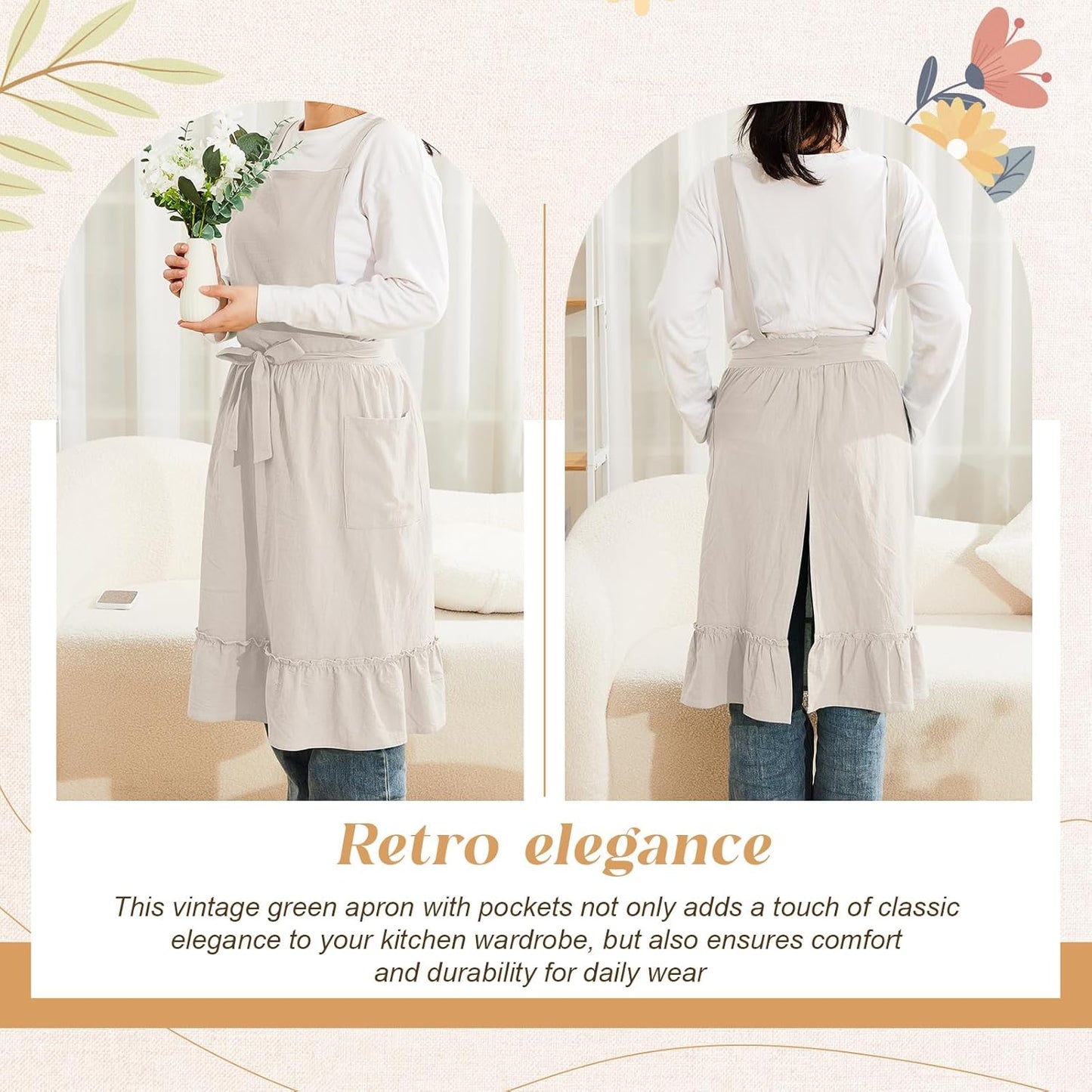 100% Cotton Aprons with Pockets Pinafore Dress for Women Vintage Cute 