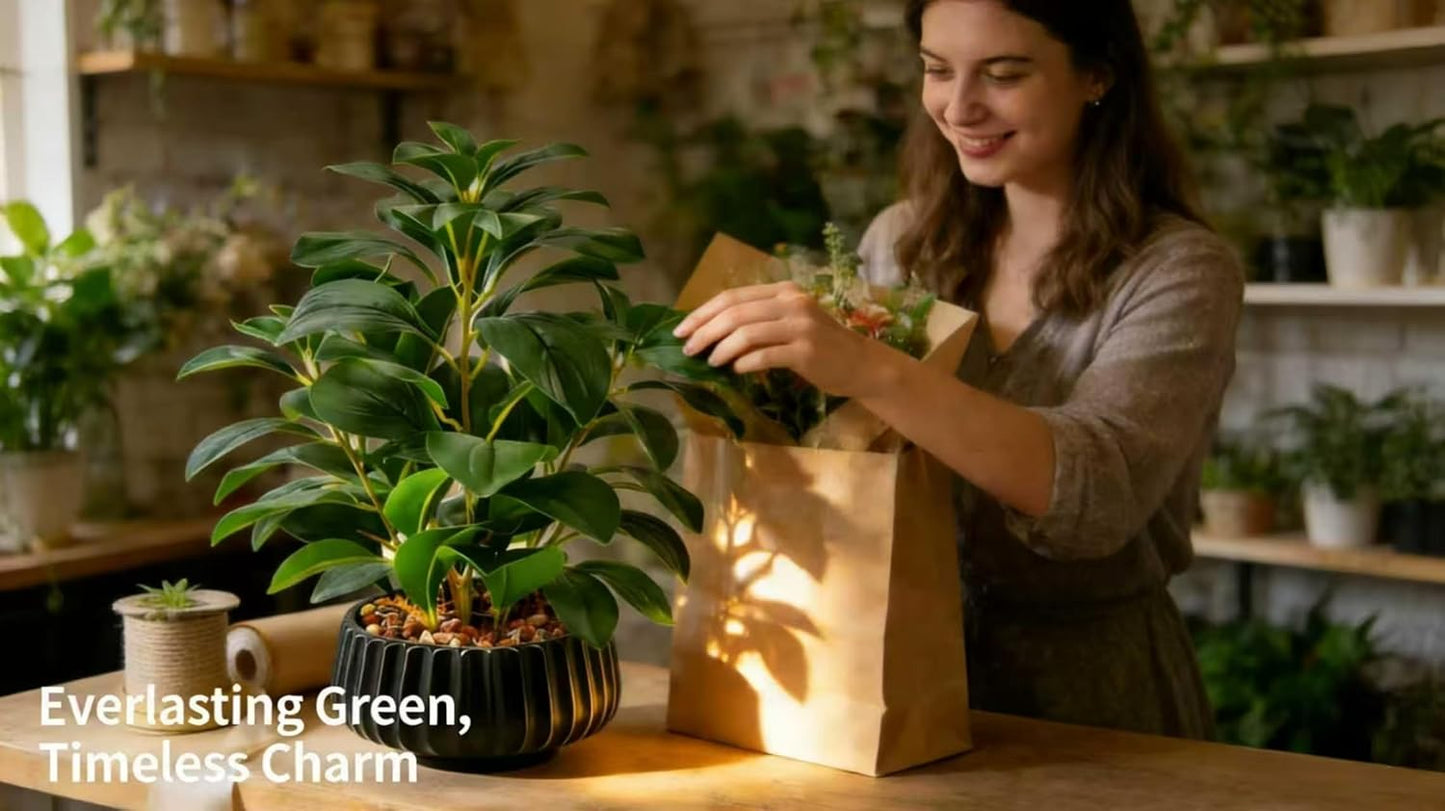 16" Artificial Peperomia Potted Plant in Black Ribbed Ceramic Planter Realistic Faux Green Leaves Tabletop Branches for Indoor Home Office Living Room Shelf Desk Decor