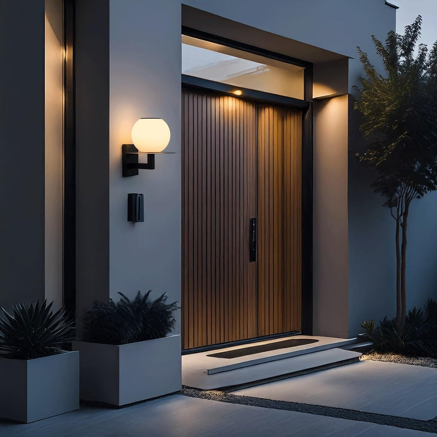 Solar Outdoor Wall Sconce, Exterior Globe Light, Stainless Steel Mounted Lamp, 3 Color Modes PC Waterproof Dusk to Dawn Decor Lighting Fixture for Porch Garden Patio Fence Yard Backyard