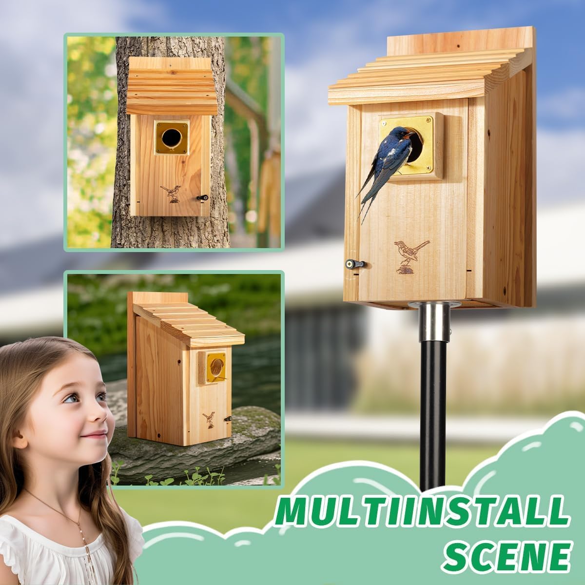 2pk XL Bluebird Houses Nesting Box for Outside - Heavy Duty Bird House - Birdhouses for Outside - Wall Tree Pole Mountable - 1.5” Hole 13/16" Thickness Assemble Needed
