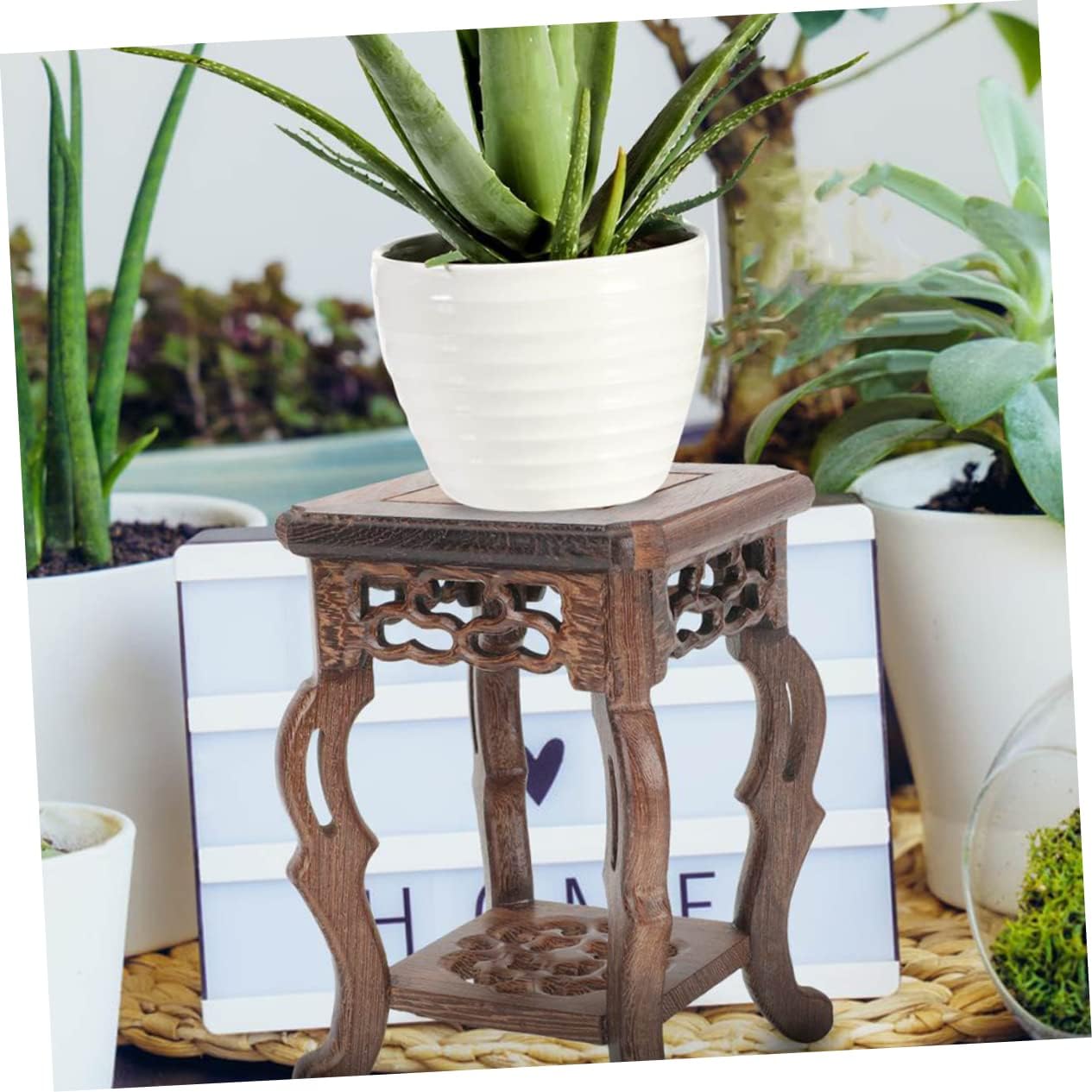 PRETYZOOM Antique Jade Carving Stand Wooden Planter Holder Home Decor Vase Display