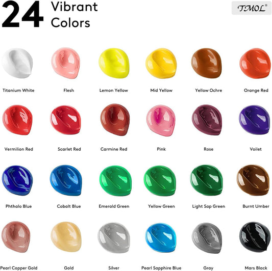 TMOL Acrylic Paint Set, 24 Colors (2 oz/Bottle) with 12 Art Brushes, A