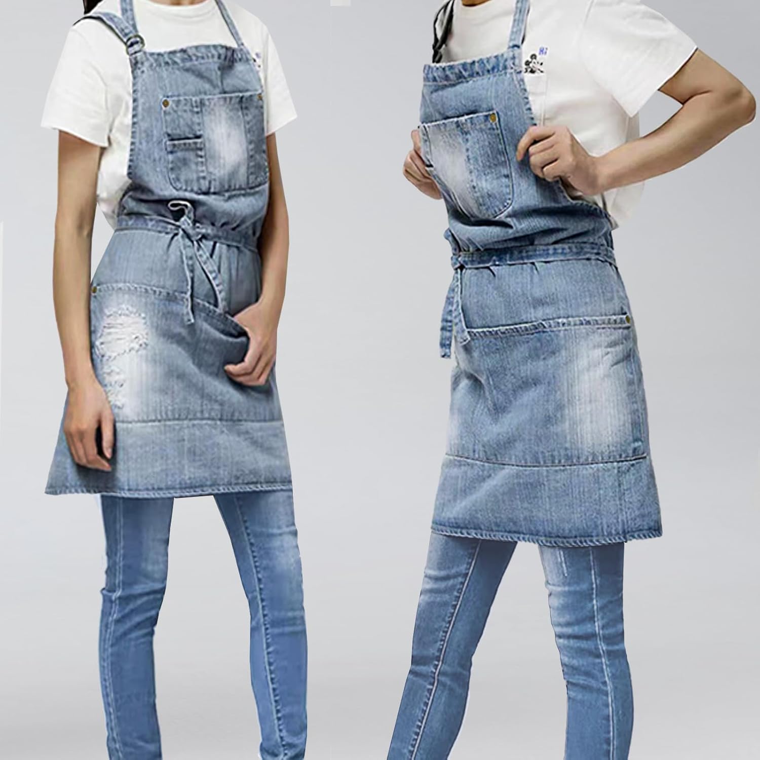 Denim Apron With 5 Pockets for Kitchens,Hairstylist Aprons for Women M