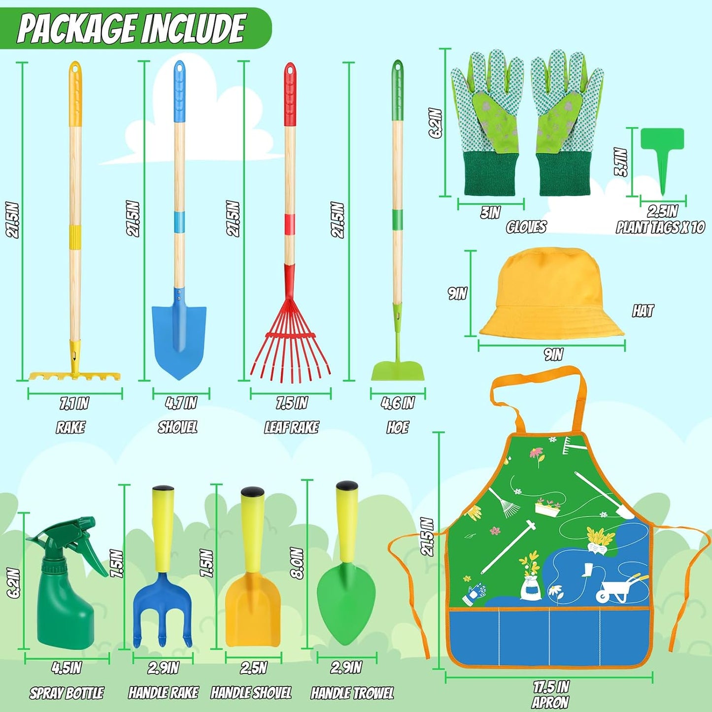 Magic4U Kids Gardening Tools Set, 22 Pcs Metal Garden Tools Toys with 