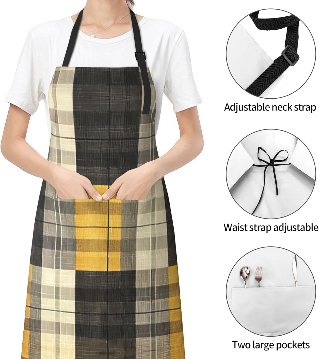Yellow Gray Black Plaid print Waterproof chef's apron with pocket apron for kitchen cooking baking barbecue and gardening