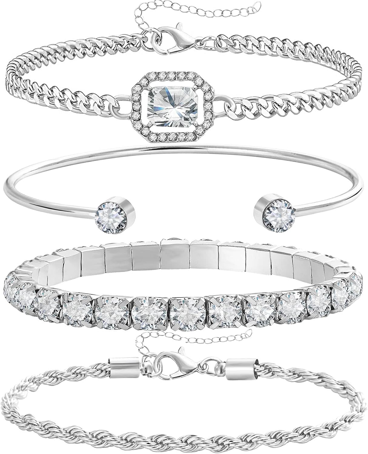 4 Pcs Dainty Gold Silver Bracelets Set for Women 14K Plated Link Cubic