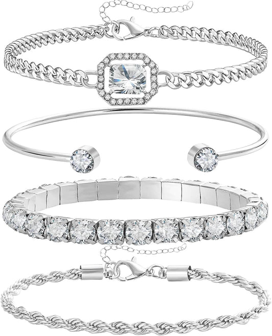 4 Pcs Dainty Gold Silver Bracelets Set for Women 14K Plated Link Cubic