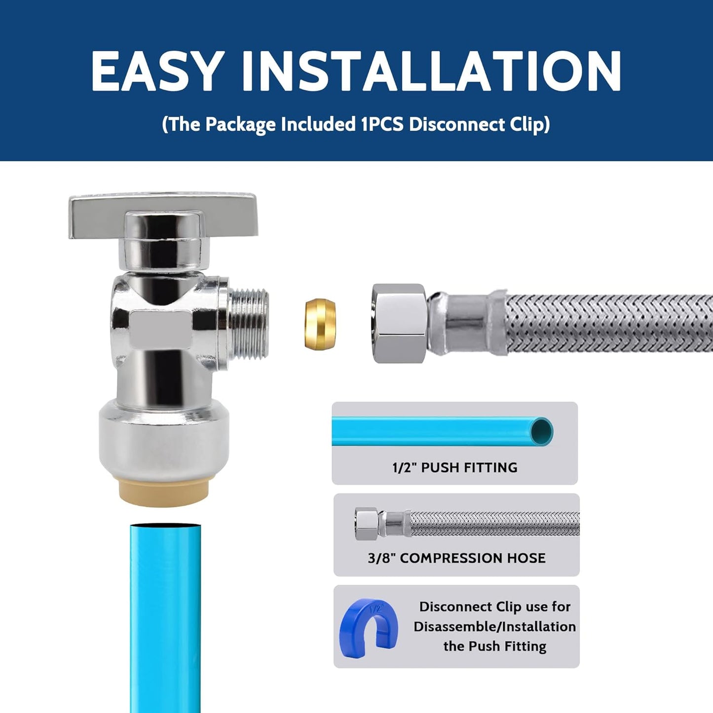 10 Pack Pushfit Angle Stop Faucet Valve, 1/2" Push-Fit x 3/8" Comp, Qu