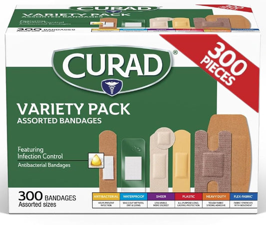 CURAD Assorted Bandages Variety Pack, 300 Count, 6 Styles Including An