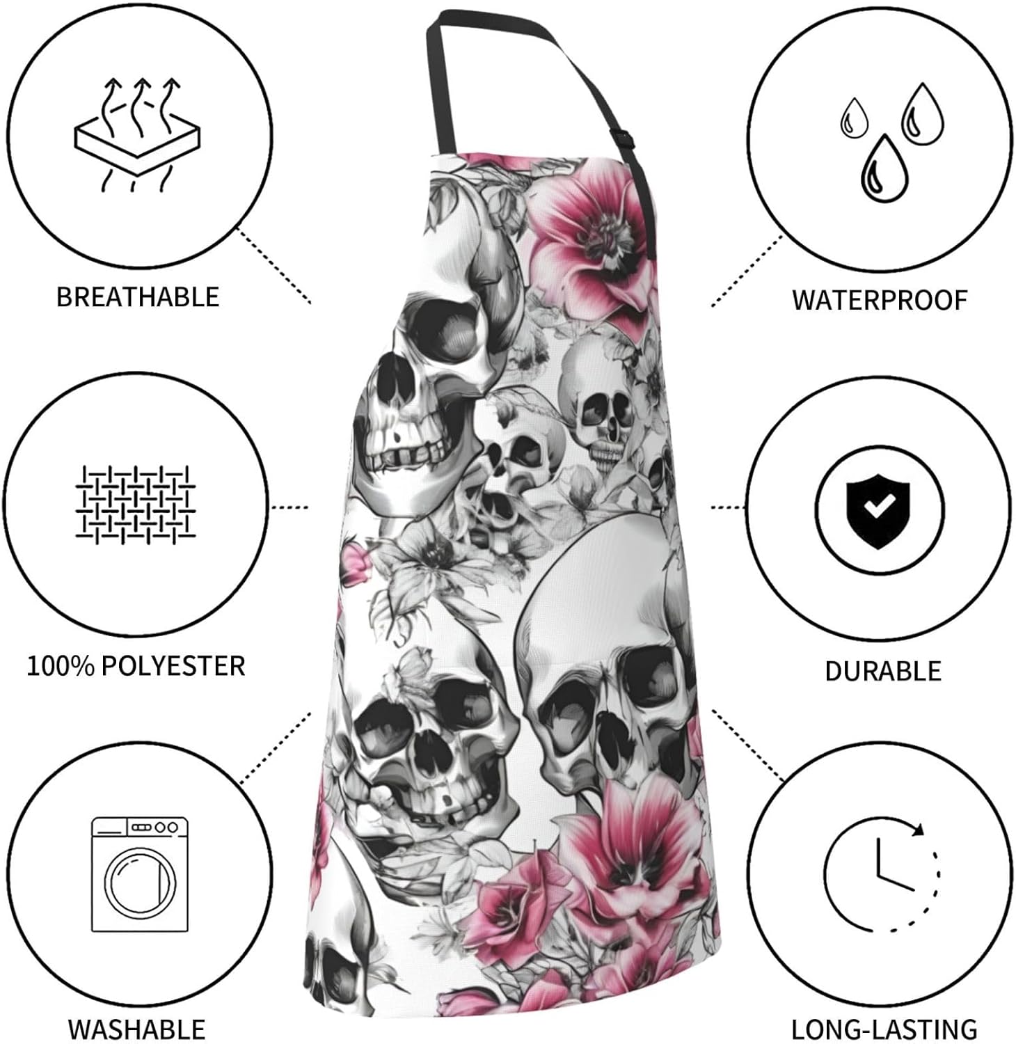 YANYU Floral Skull Print 28x33 In Kitchen Apron Stylish Chef Apron wit
