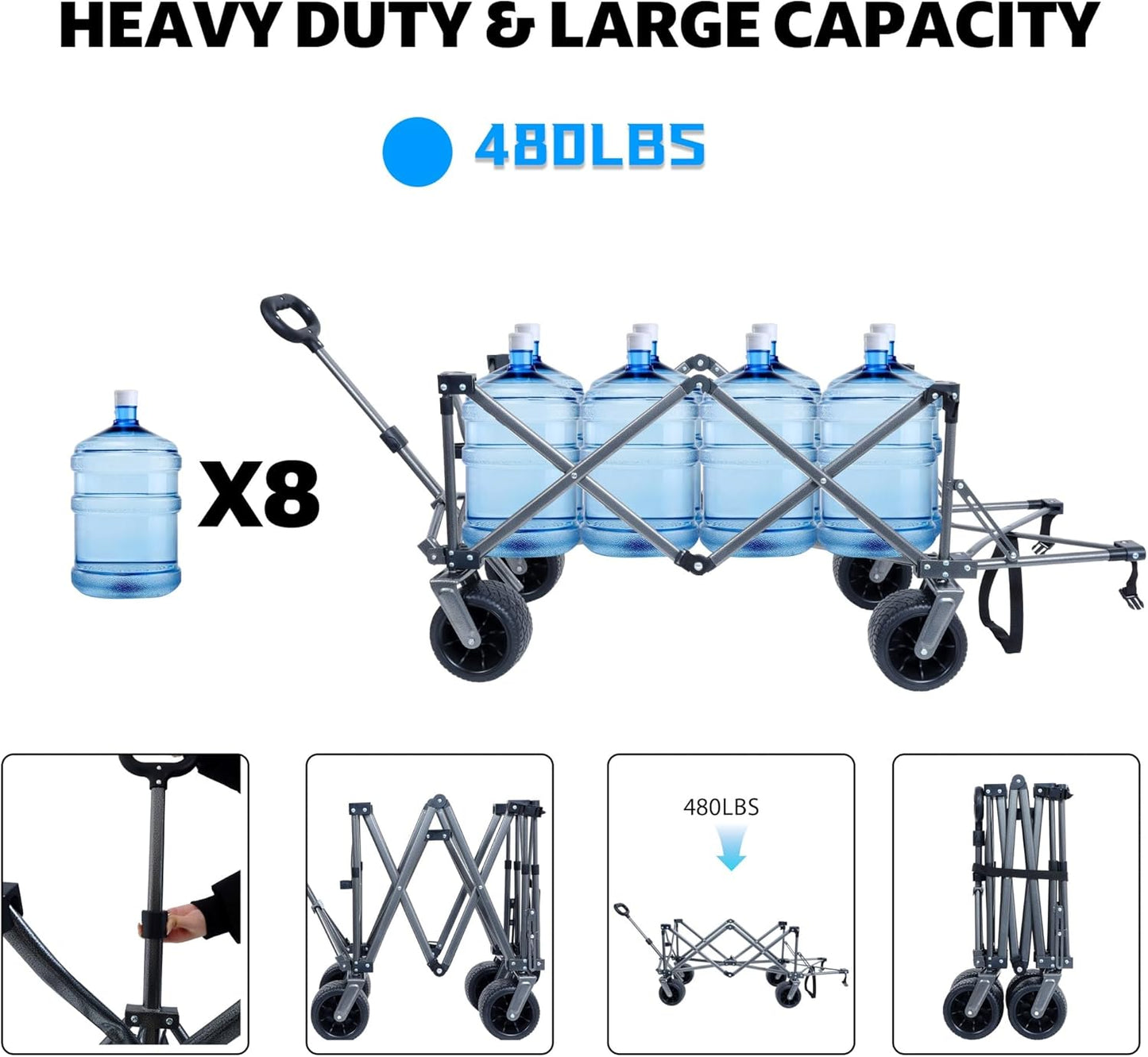 Collapsible Folding Wagon 300L - Heavy Duty 49" Extra Long Beach Wagon Cart with All-Terrain Wheels(Gray)