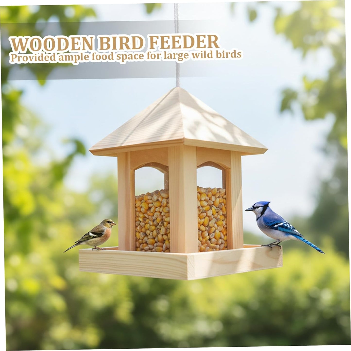 Wooden Bird Feeder for Outdoors, Hanging Bird Feeder with Perch to Welcome Various Birds, Weather-Resistant Birdfeeder for Garden or Balcony