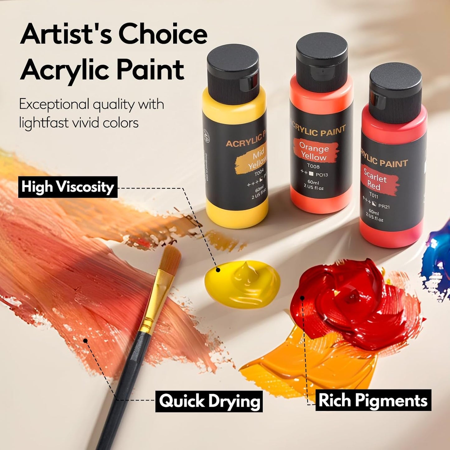 TMOL Acrylic Paint Set, 24 Colors (2 oz/Bottle) with 12 Art Brushes, A