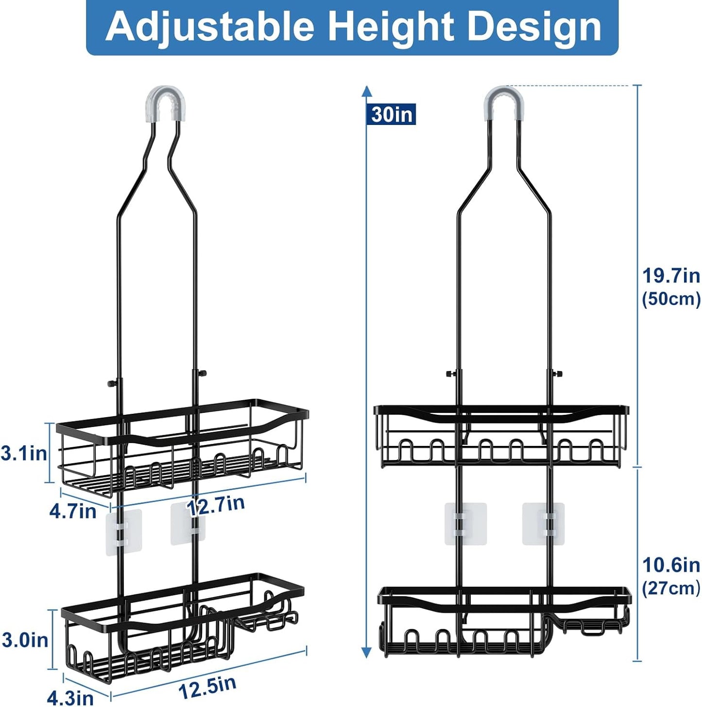 Upgraded Extended Length Shower Organizer with Hooks, Rustproof Shampo