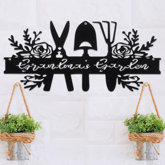 Grandma's Garden Metal Sign Grandma Gardening Tools Valentines Day Gifts for Mom Black Outdoor Lawn Yard Outdoor Decorations(Hanging)
