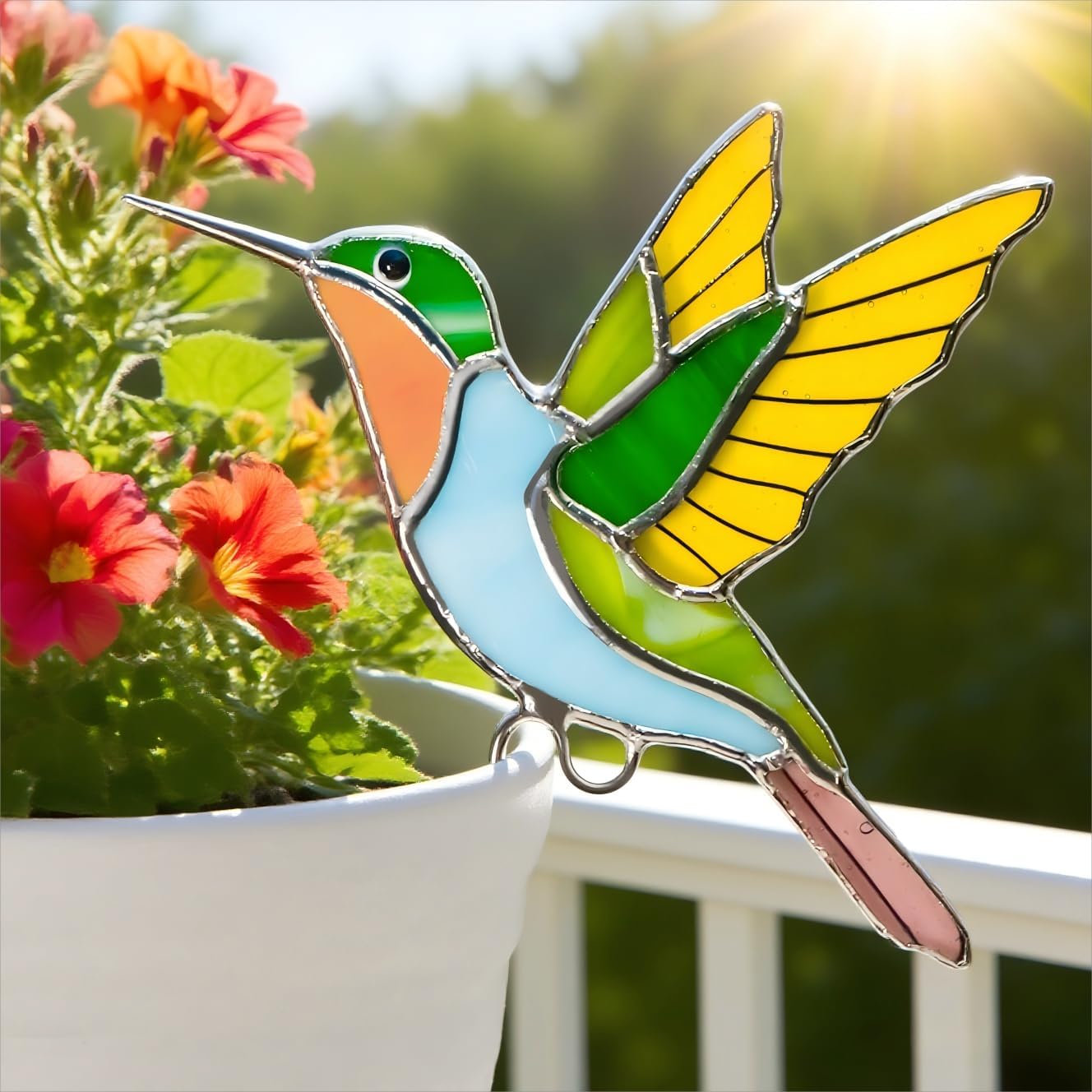 Hummingbird Stained Glass Suncatcher Decor for Indoor Outdoor Plants-P