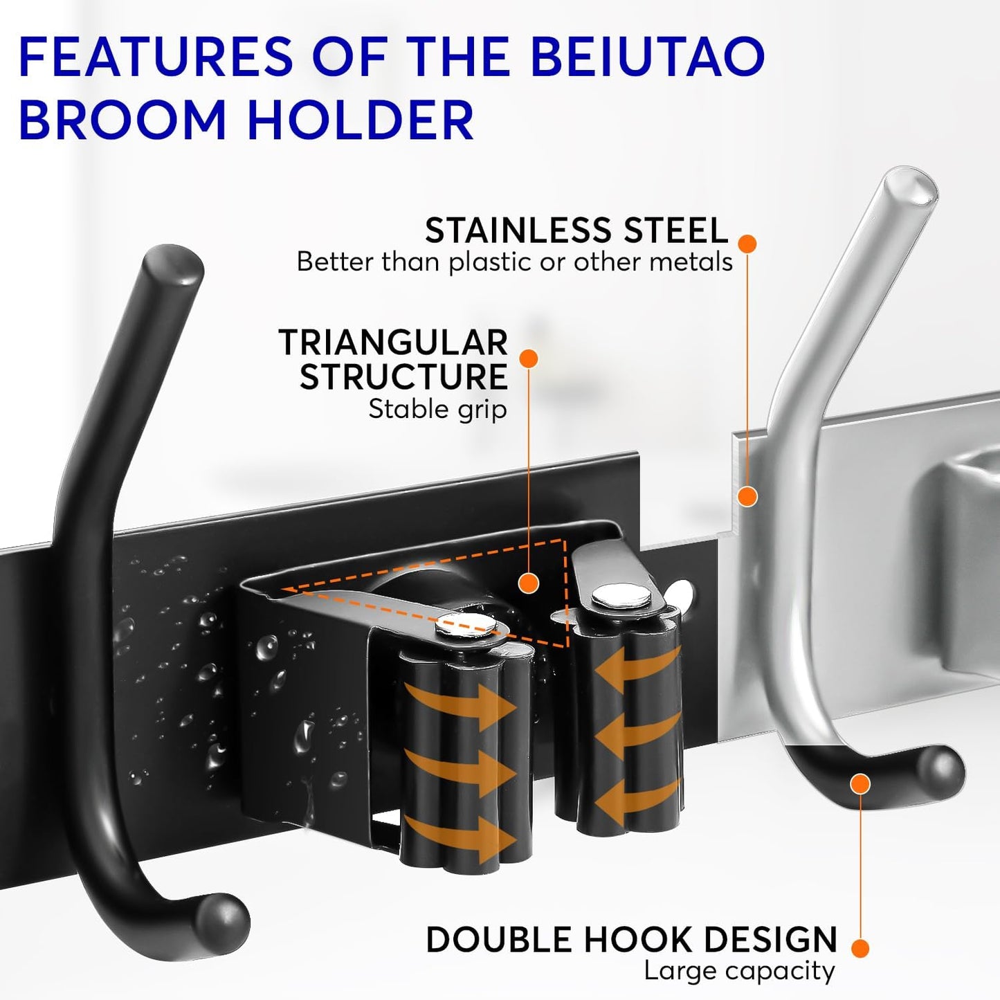 Broom Holder Wall Mount, 4 Racks and 5 Hooks Mop Holder Wall Mount, Stainless Steel Heavy Duty Garden Tool Broom Organizer Wall Mount, Laundry Room, Kitchen, Closet, Shed, Garage Organizer