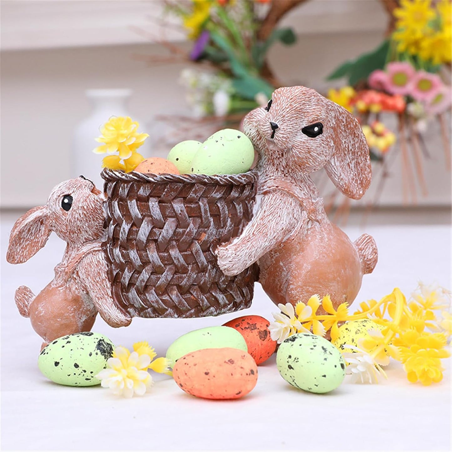 Easters Bunnies Lifting Basket Resins Figurines for Home Decors Rabbits Statues Succulents Small Planter Pots