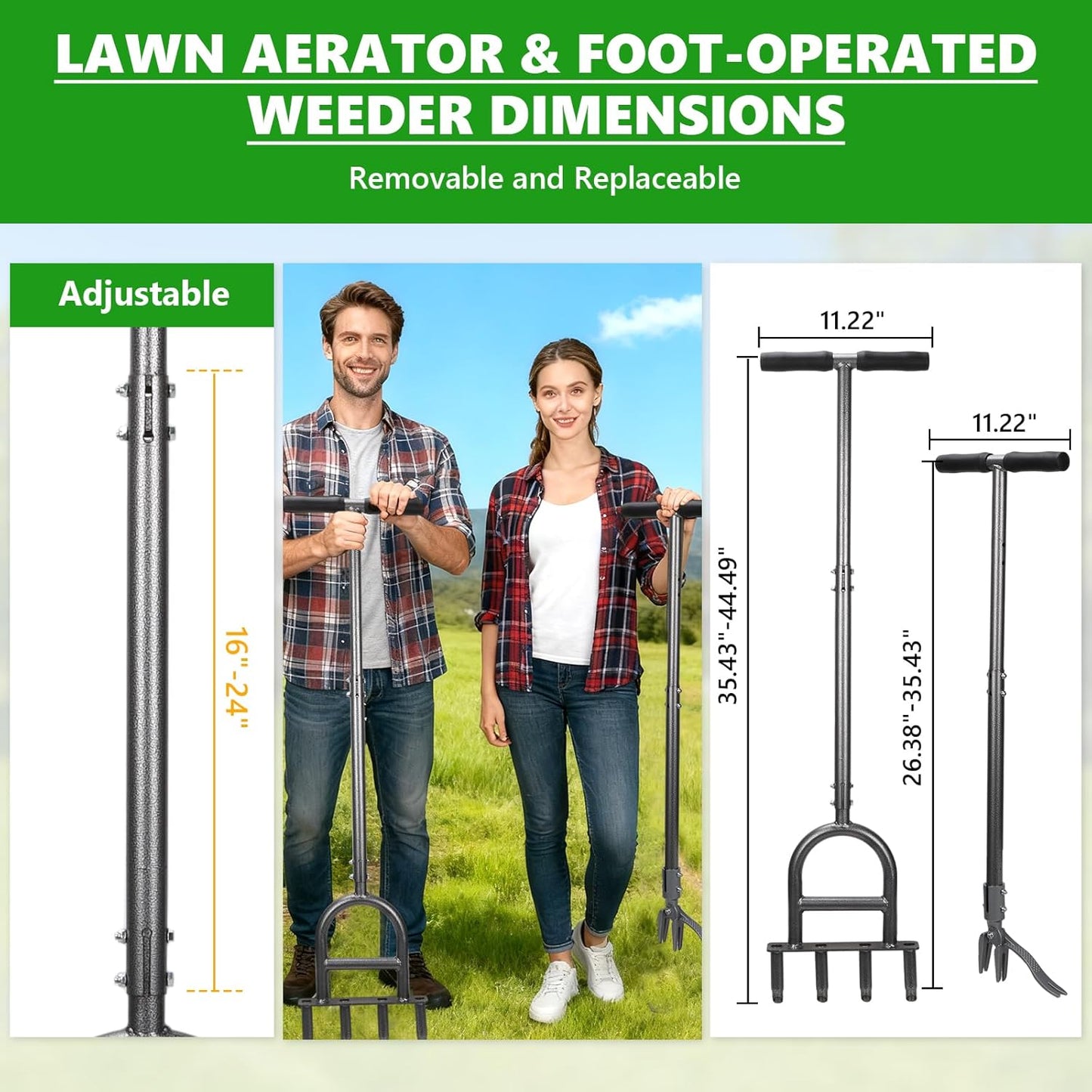 2-in-1 Lawn Aerator Tool - Adjustable Height with 4 Hollow Aeration Ti