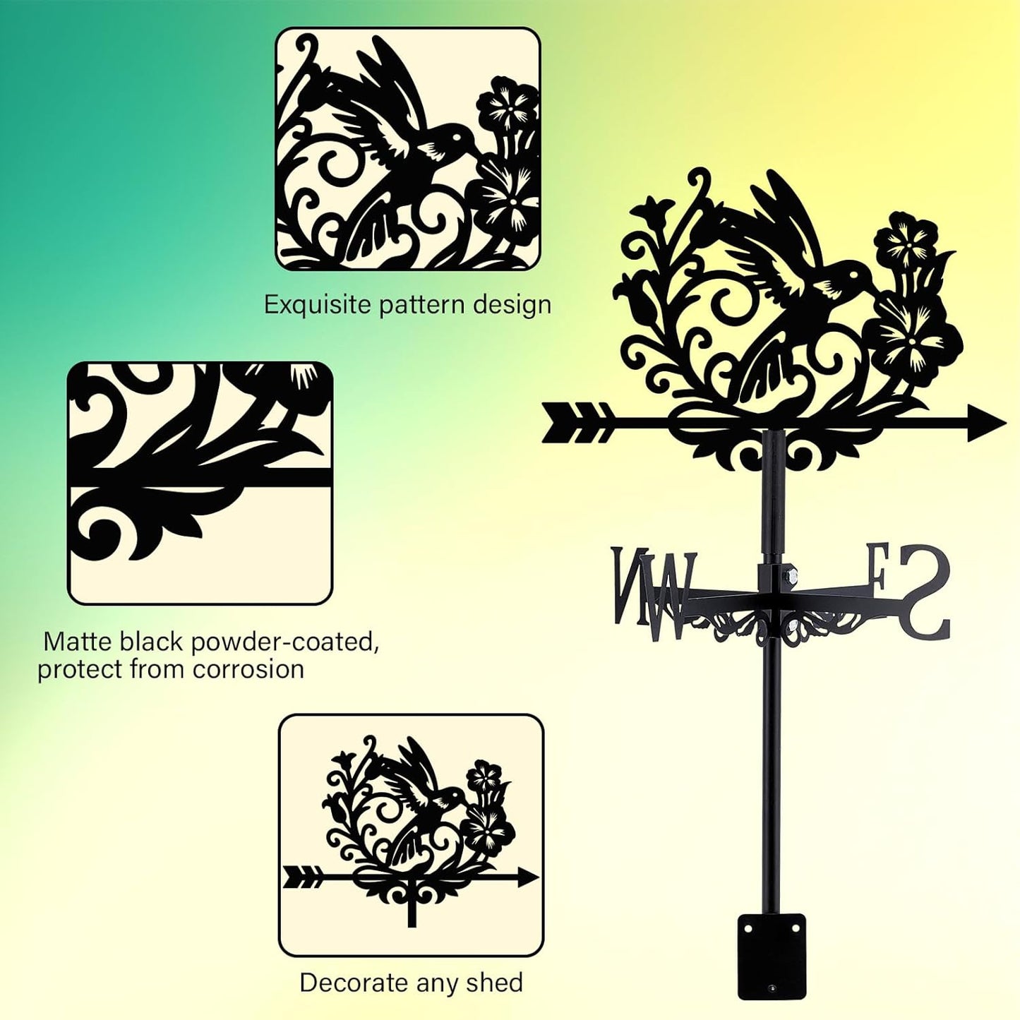 Bird Weathervane 26” Height Black Metal Hummingbird with Flower Weathe