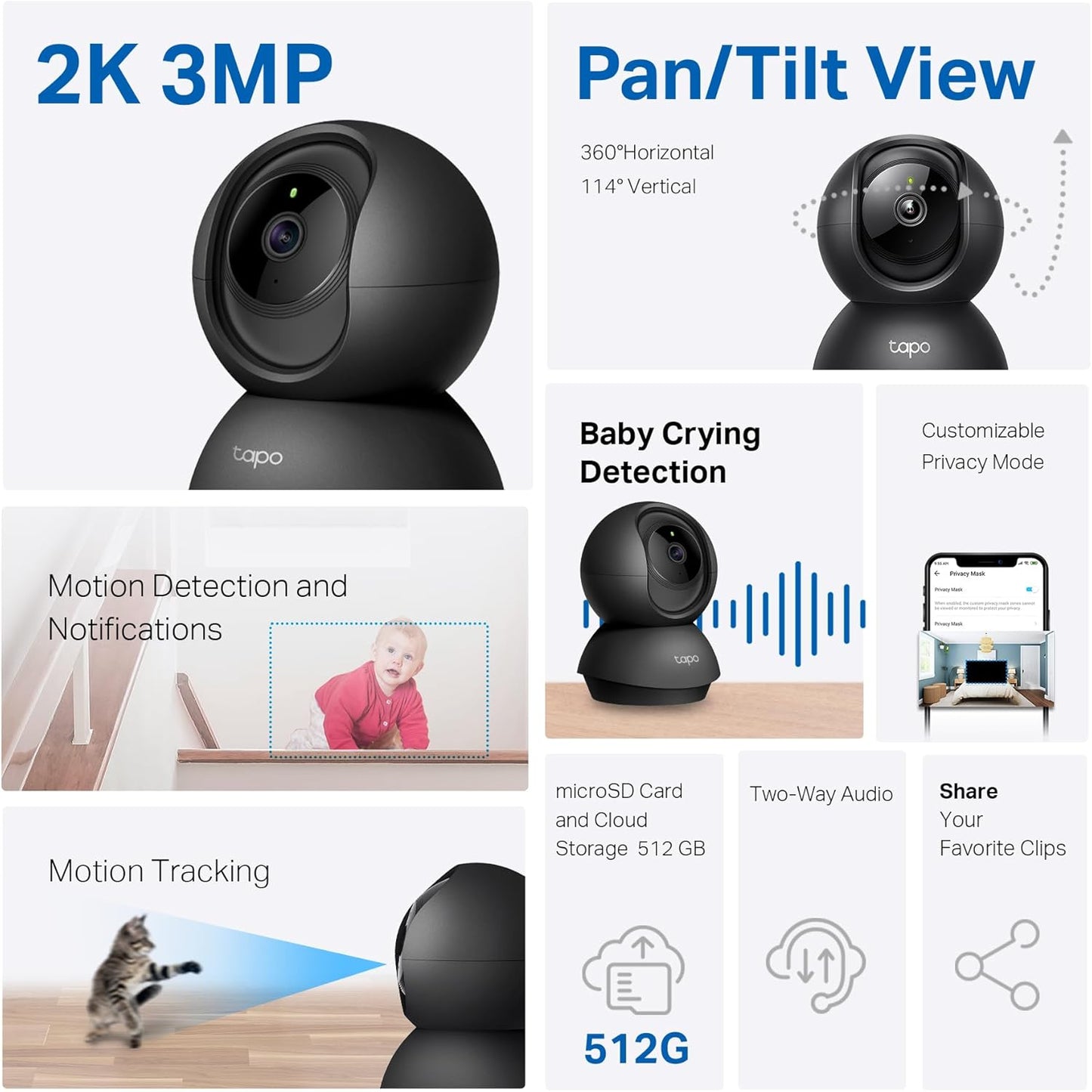 Tapo 2K Indoor Pan/Tilt Wired Security Camera - Works as a Baby Monito