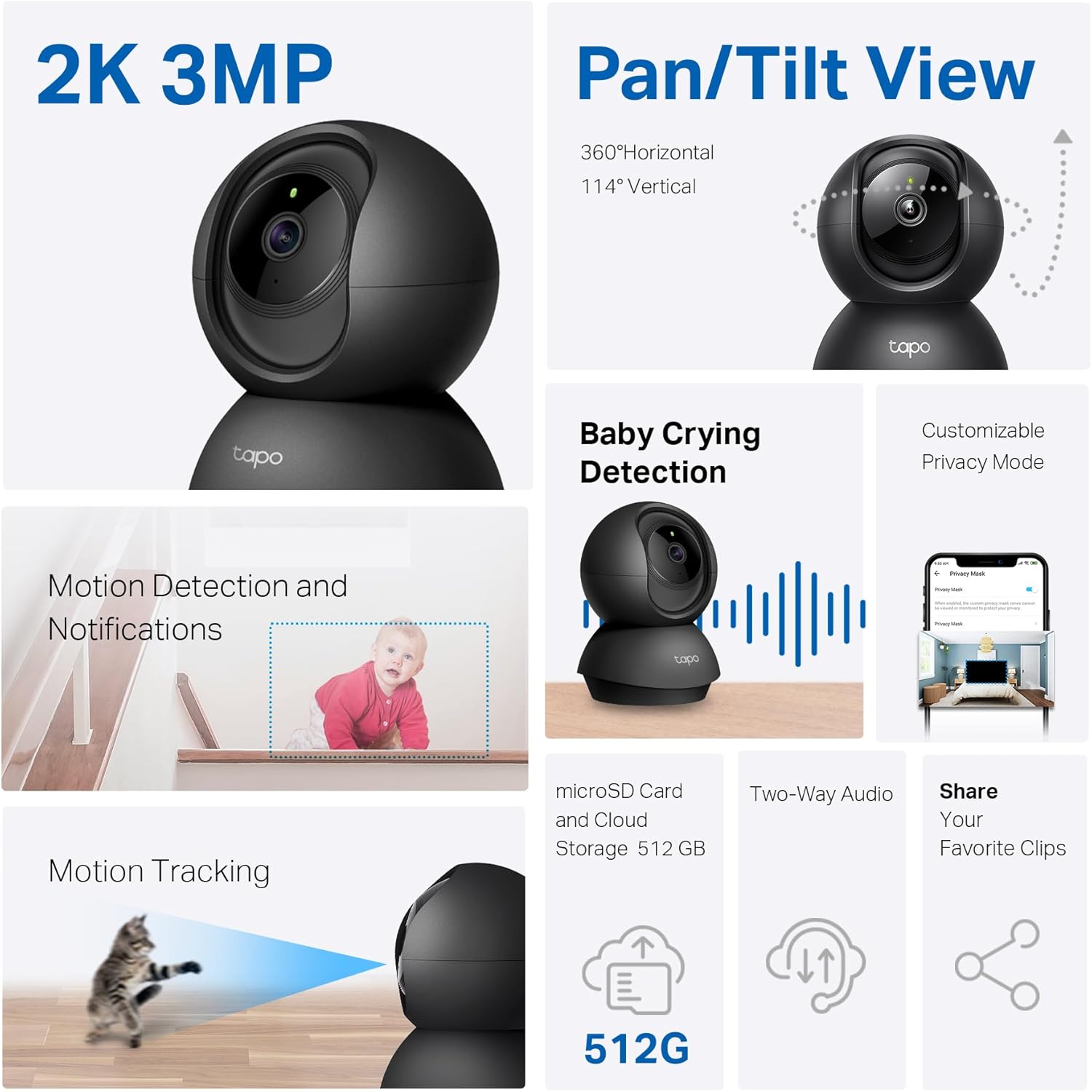 Tapo 2K Indoor Pan/Tilt Wired Security Camera - Works as a Baby Monito