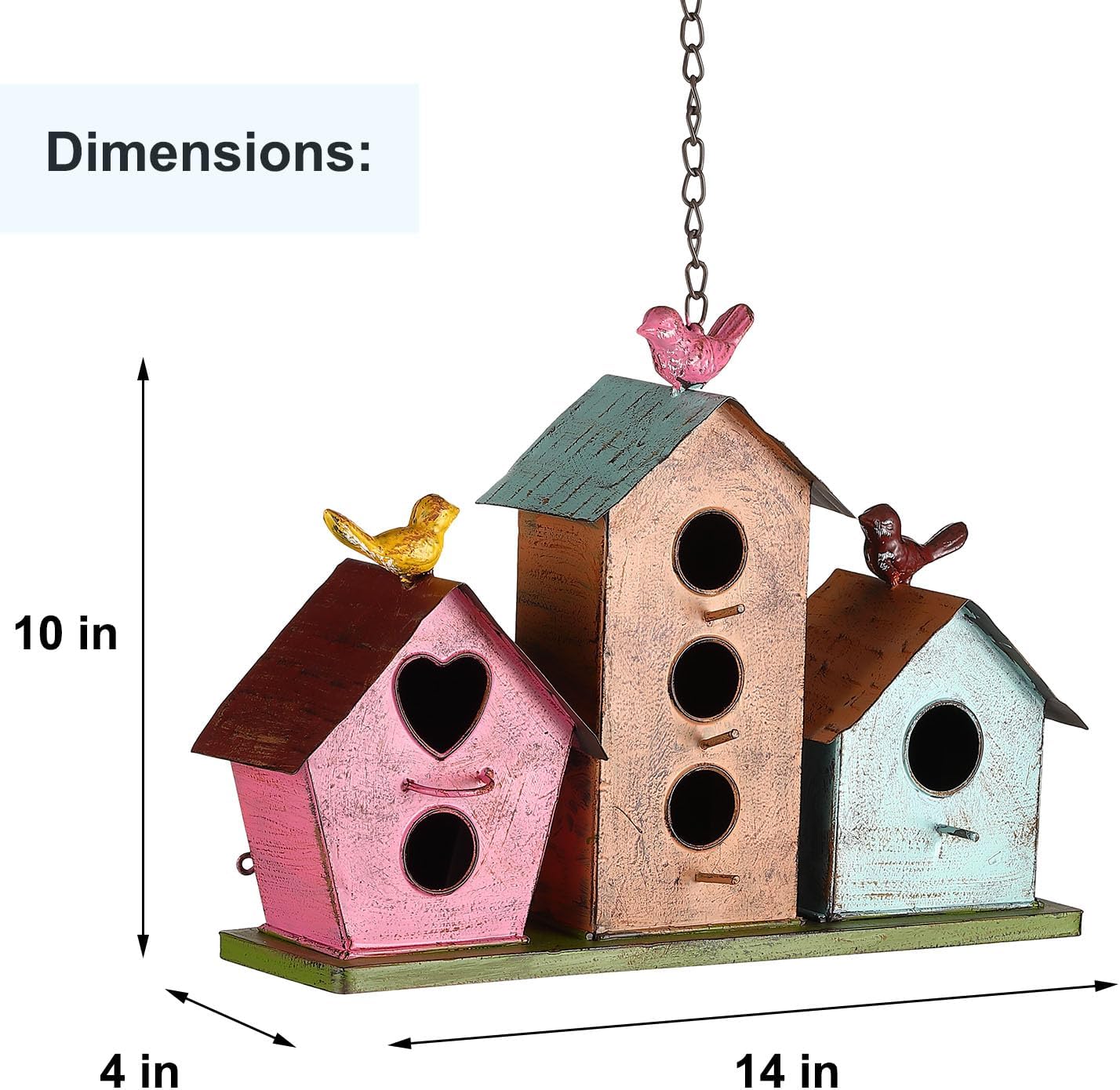 Jemeni Large Bird House for Outside, 3-Room Metal Birdhouse with Easy Clean Door, Weather Resistant Vintage Decorative Cottage for Finches Wrens Cardinals