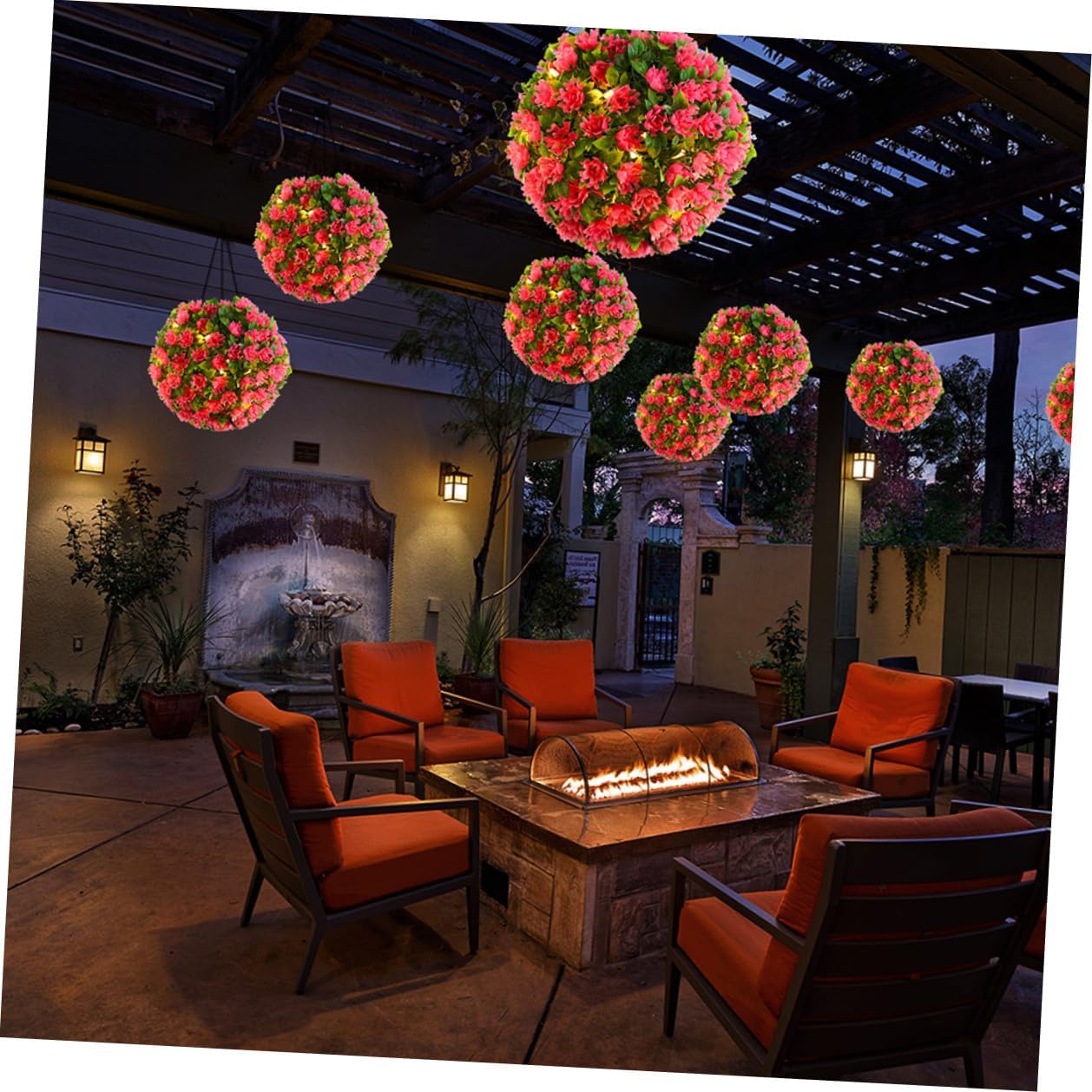 BESTOYARD Pink Flower Solar LED Hanging Topiary Ball, Artificial Grass Sphere with Solar Light for Outdoor Garden and Wedding Décor
