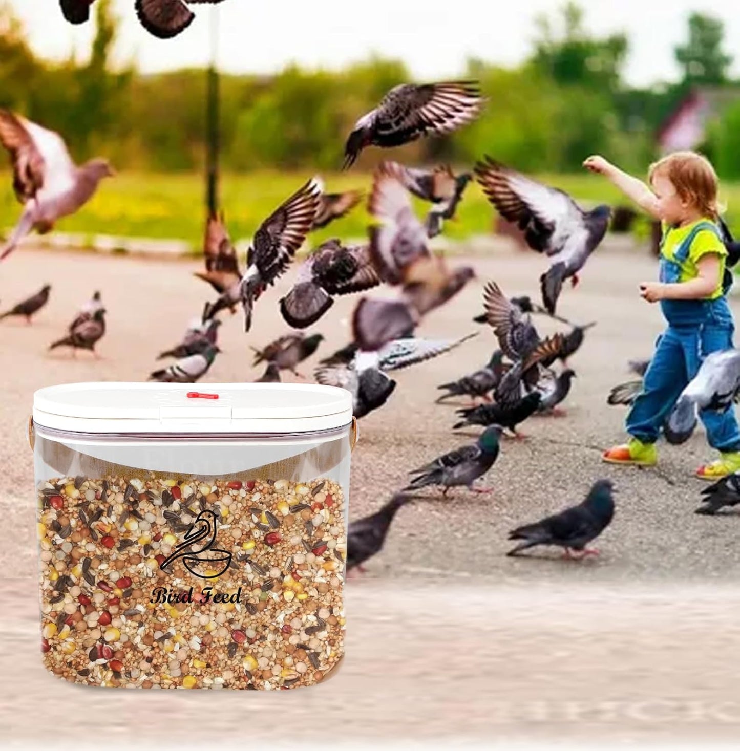 Outdoor Bird Seed Storage Container 7Lbs|Portable Bird Food Container with Handle|Clear Bird Seed Bin with Food Scoop|ideal for Wild Bird Seed,Sunflower seed|Clear Plastic-BPA Free