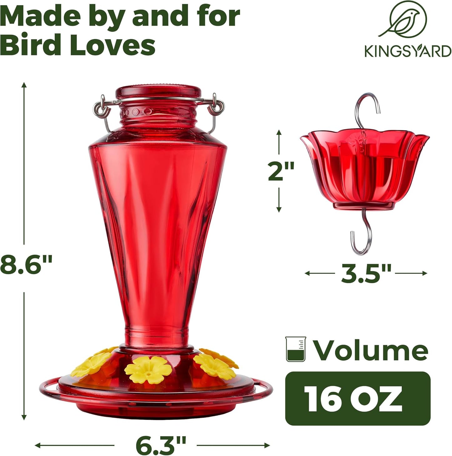 Kingsyard Glass Hummingbird Feeders for Outdoors Hanging Ant & Bee Proof, 16 Ounces Bird Nectar Feeder 6 Flower Feeding Ports, Leak Proof, Easy to Refill & Clean, Ant Moat Included, Red