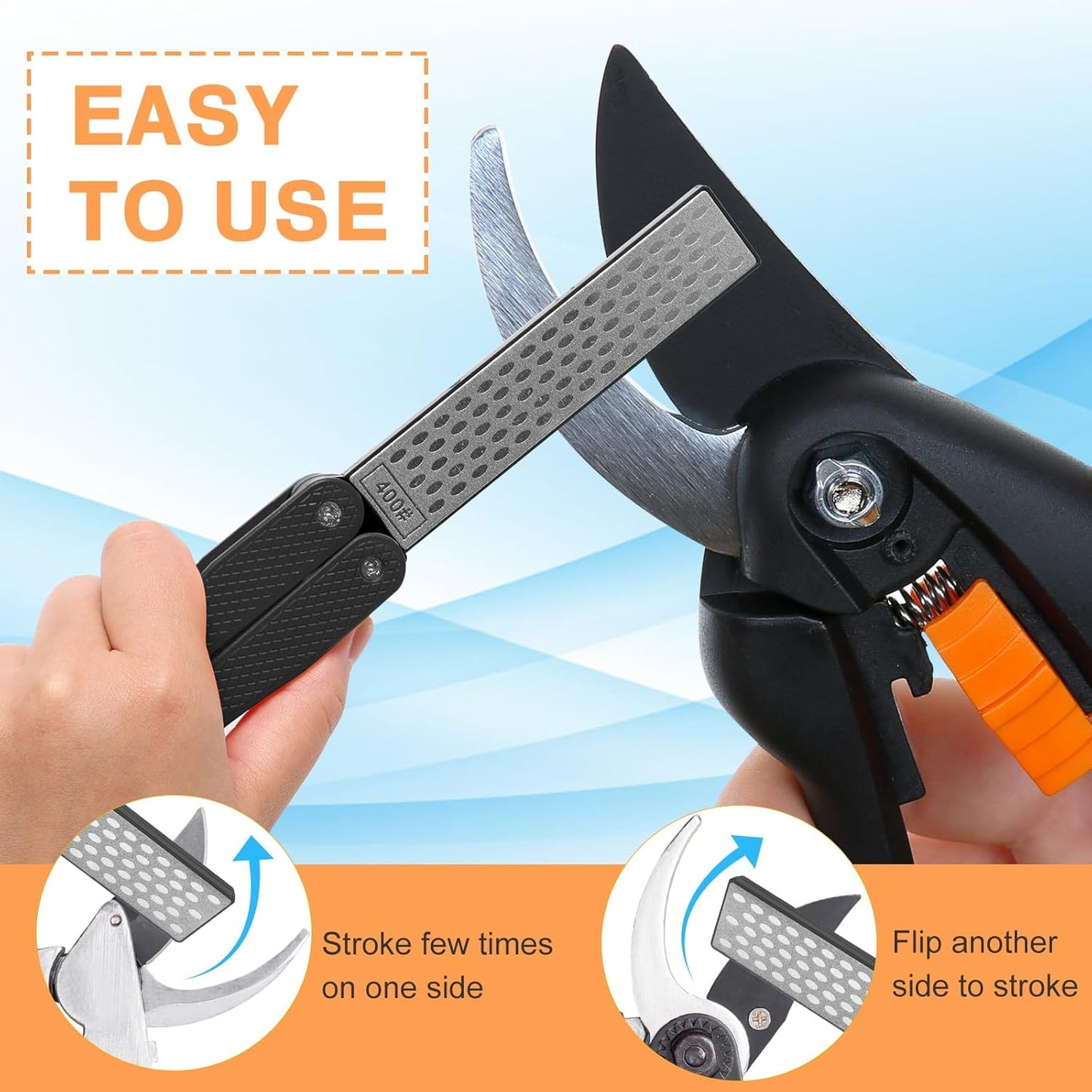 3PCS Garden Tool Sharpener, 2PCS Double-Sided Diamond Garden Tool Sharpener/ 1PCS Retractable Sharpening Rod for Gardening Pruner (Black)