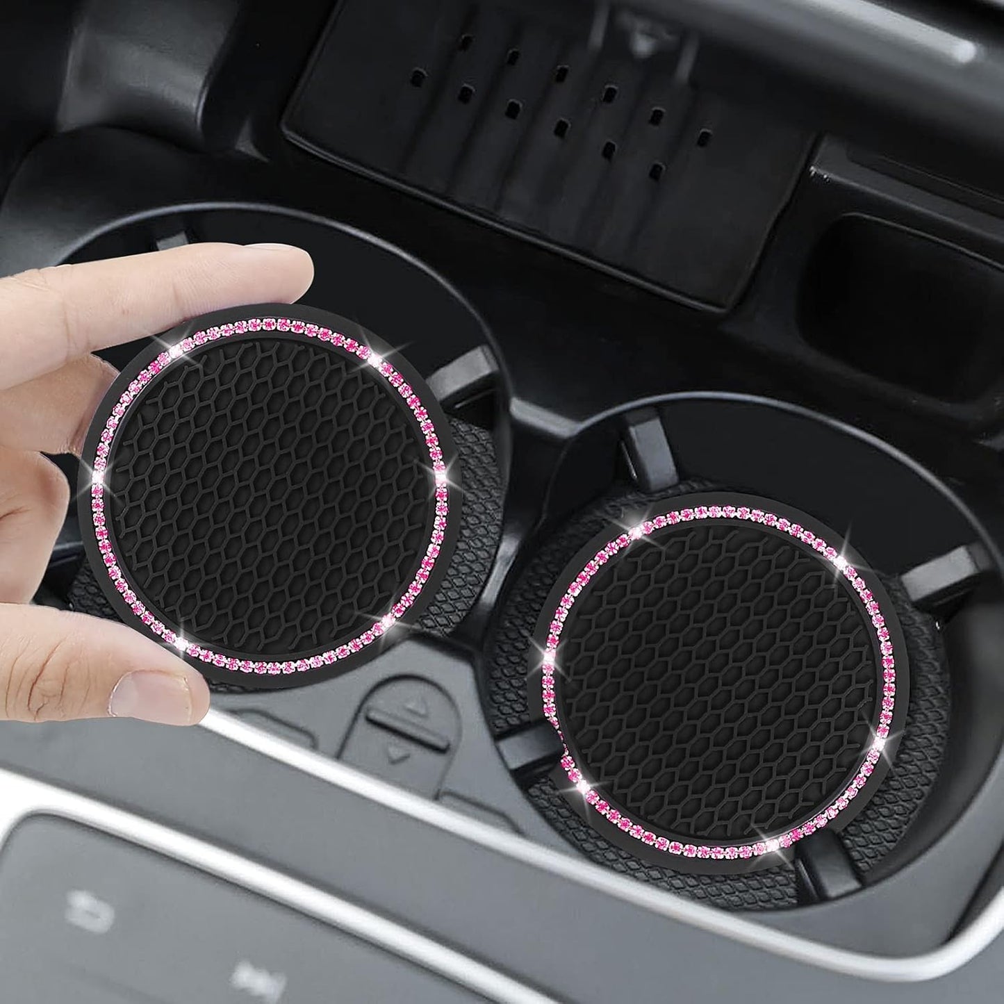 4 Pack Car Coasters, Universal Vehicle Bling Car Coaster, Cute Rhinestone Coaster for Cup Holders,Interior Accessories 2.75'' Silicone Anti Slip Car Coasters for Women (Pink Crystal Circle)