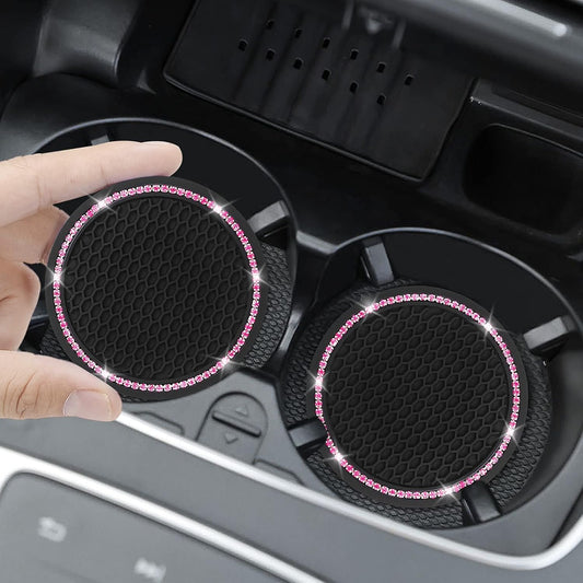 4 Pack Car Coasters, Universal Vehicle Bling Car Coaster, Cute Rhinestone Coaster for Cup Holders,Interior Accessories 2.75'' Silicone Anti Slip Car Coasters for Women (Pink Crystal Circle)