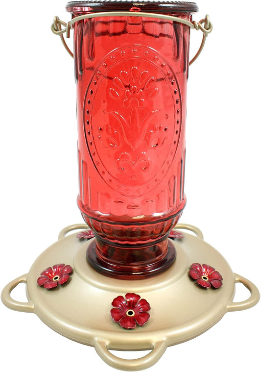 More Birds Red Vintage Hummingbird Feeder, Antique Glass Hummingbird Feeders for Outdoors, 5 Feeding Stations, 20 Ounces