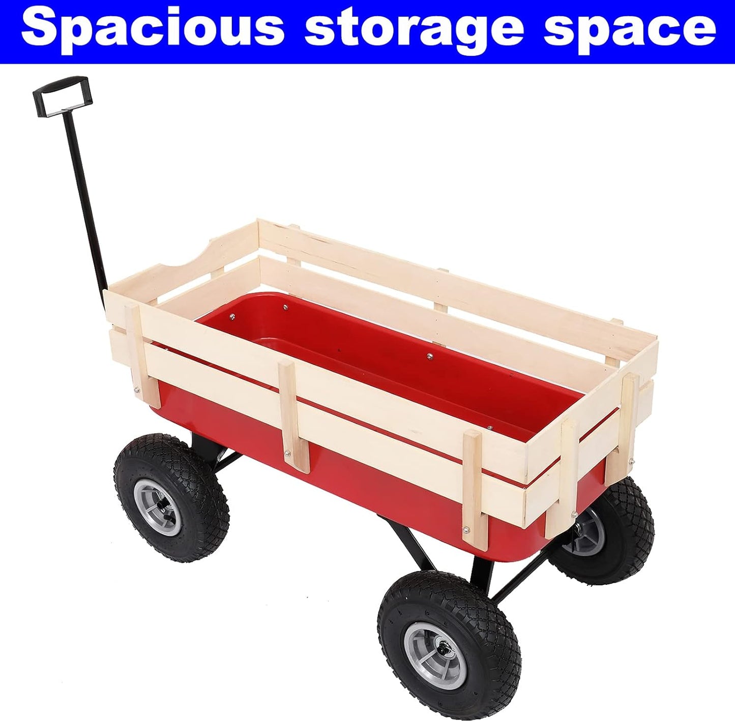 Upgraded Version Best All Terrain Cargo Wagon Wood Garden Cart with Big Wheels, Kids Outdoor Wagons, Air Tires, Easy Assembly, Red