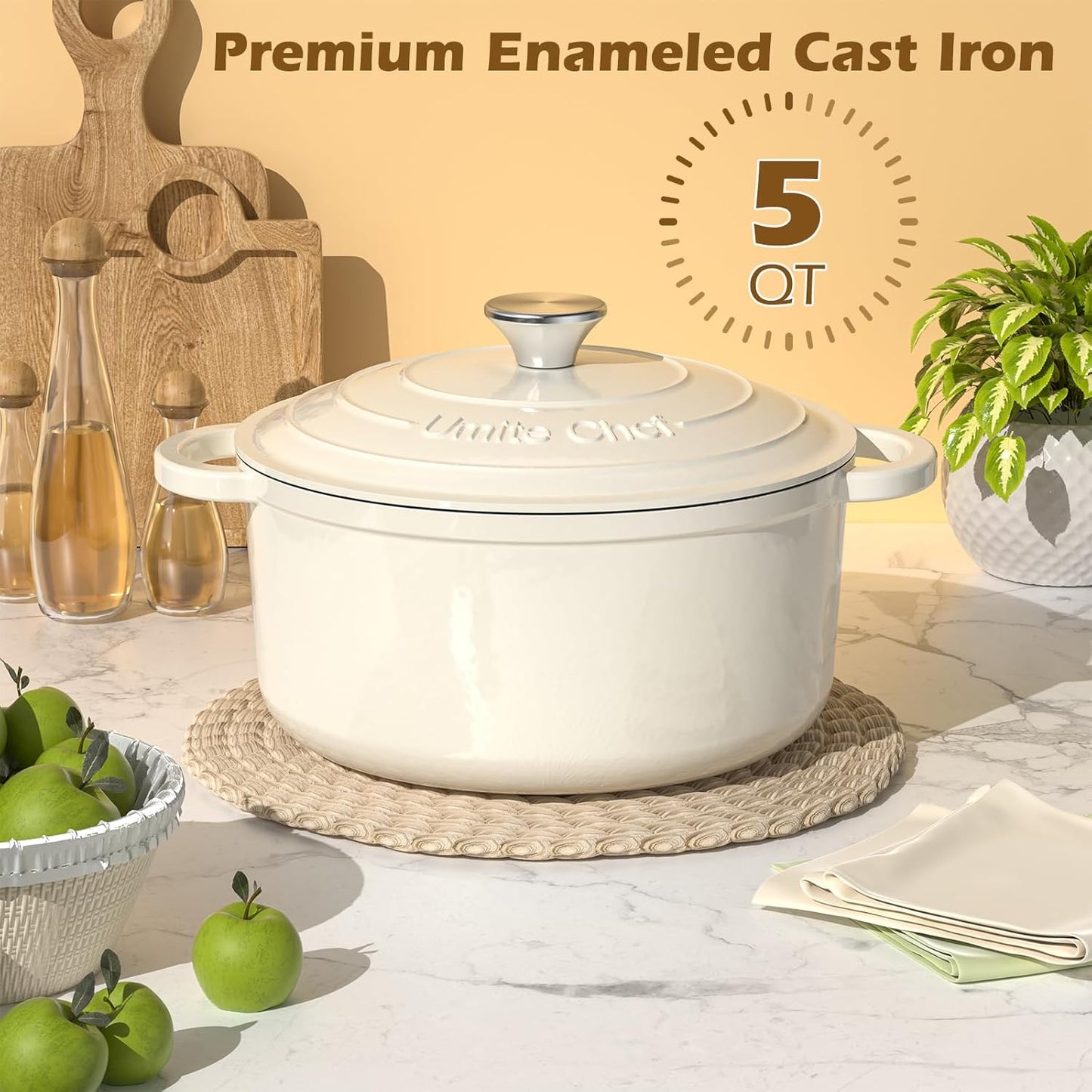 Enameled Cast Iron Dutch Oven - Umite Chef 5QT Pot with Lid & Cotton P