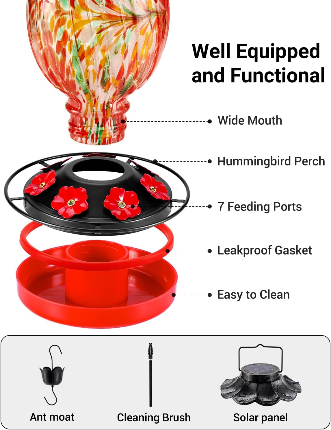 Solar Hummingbird Feeder - 49 fl.oz Hand Blown Glass Color Changing - 