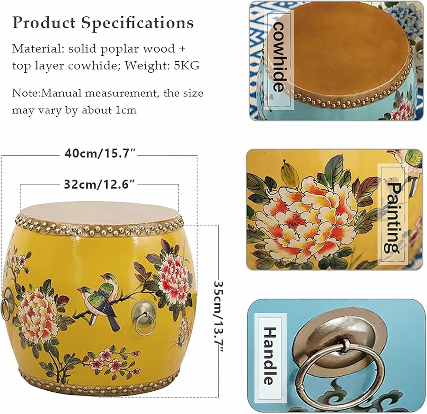 Wood Chinese Drum Stool,Decorative Ceramic Garden Stool Glazed Hand-Painted,Outdoor Side Table,Plant Stand for Living Room, Balcony & Garden