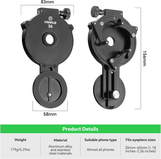 FANAUE Telescope Phone Adapter, Spotting Scope Smartphone Phone Mount for Binoculars Monocular Microscope, Magnetic Cell Phone Digiscoping Holder for Camera Photography
